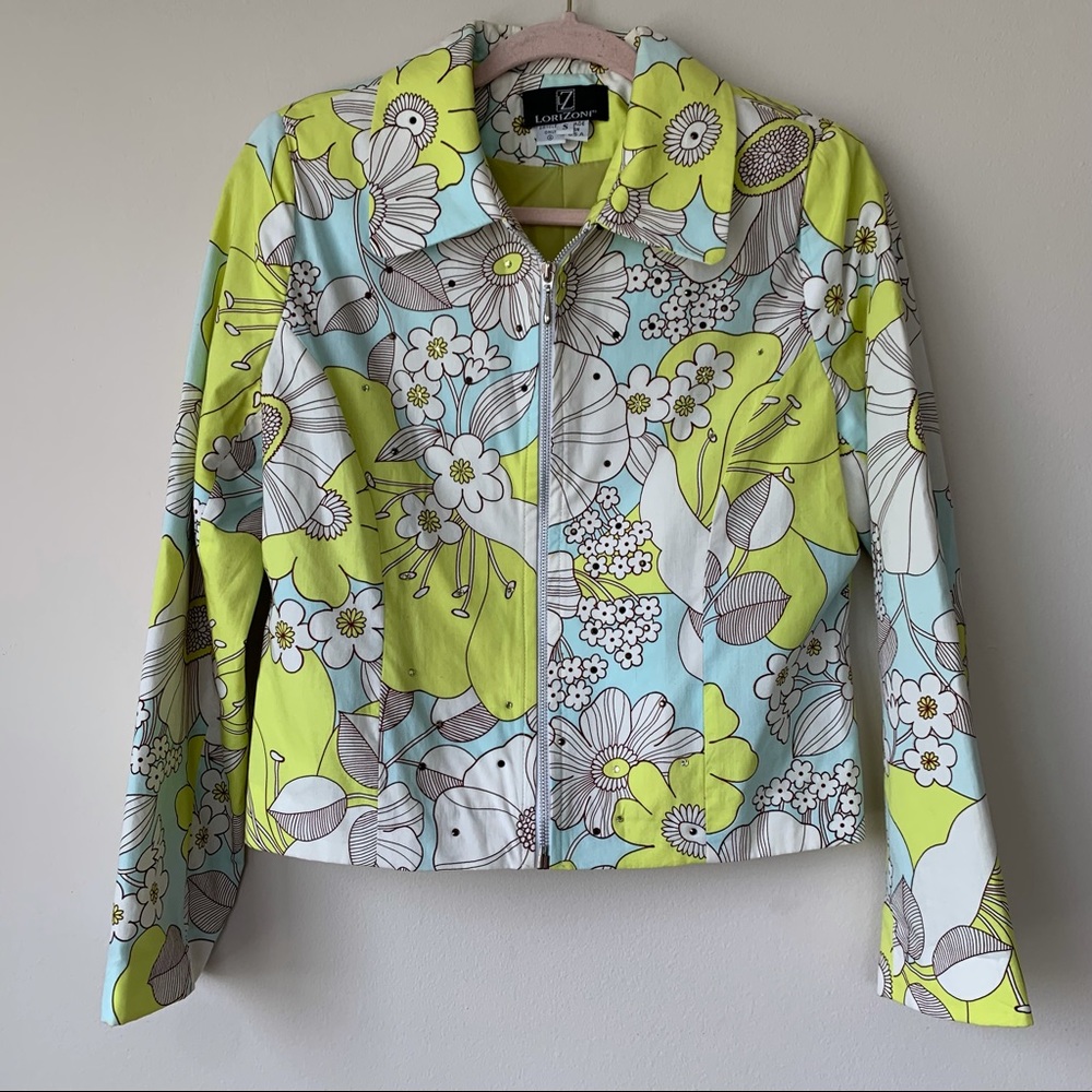 LoriZoni Vintage Floral Print Jacket Funky Multicolor Full Zip Front Size Small